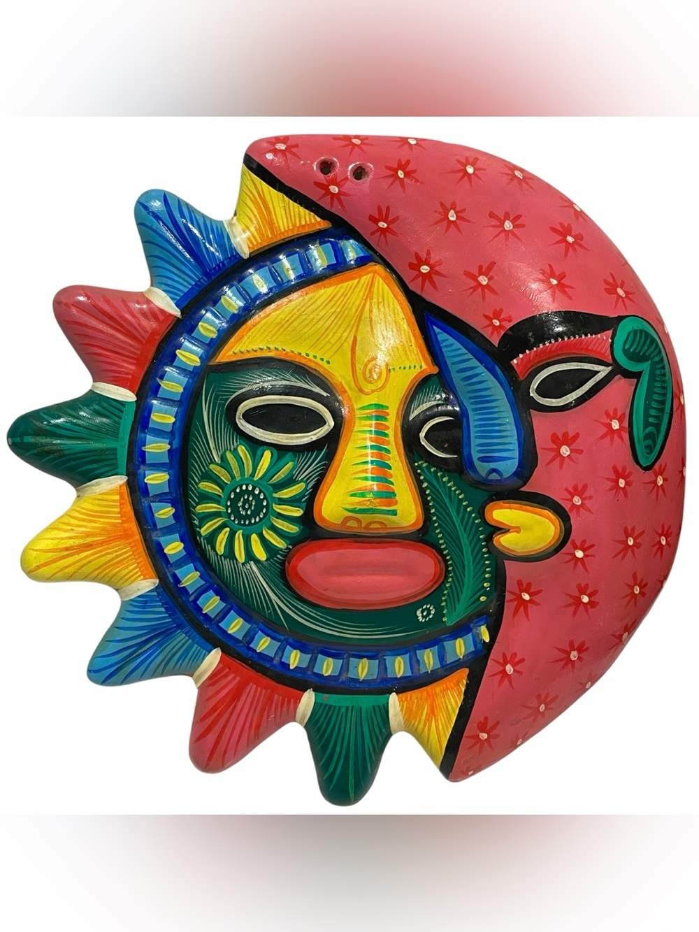 Vintage 1970s Isidoro Mexican Pottery Hand Painted Half Sun Moon Face Wall Decor